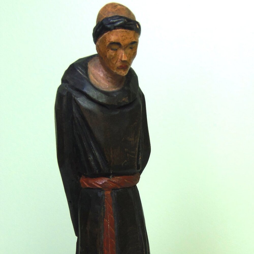 Vintage‎ Carved Wood Figurine St Francis Rustic MCM Minimalist Style 9.5" Tall